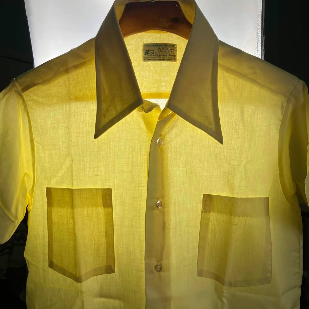 Vintage 70s Kmart Permanent Press Button Up Shirt Mens Size M Yellow USA 60s